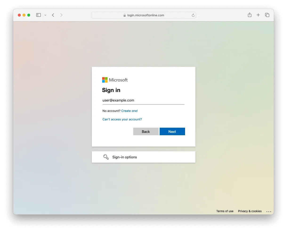 The Microsoft sign-in page with an email address entered