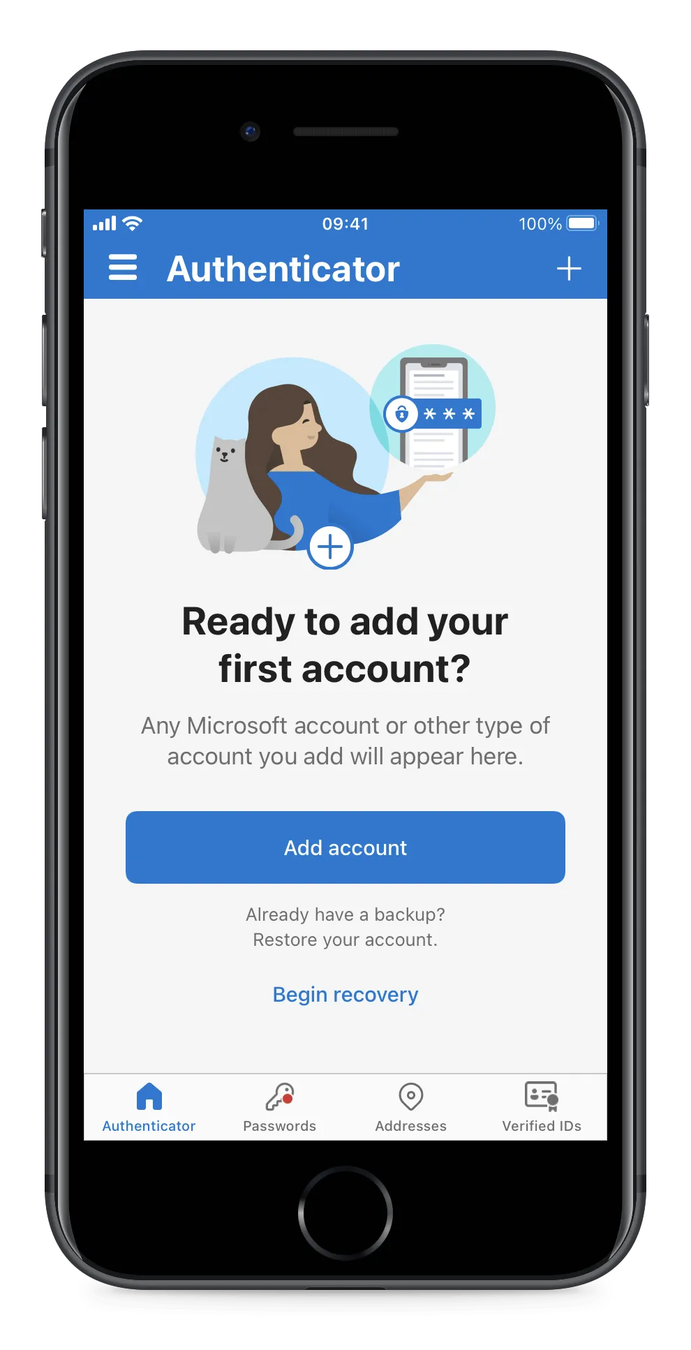 The Microsoft Authenticator account list with a plus icon in the top right
