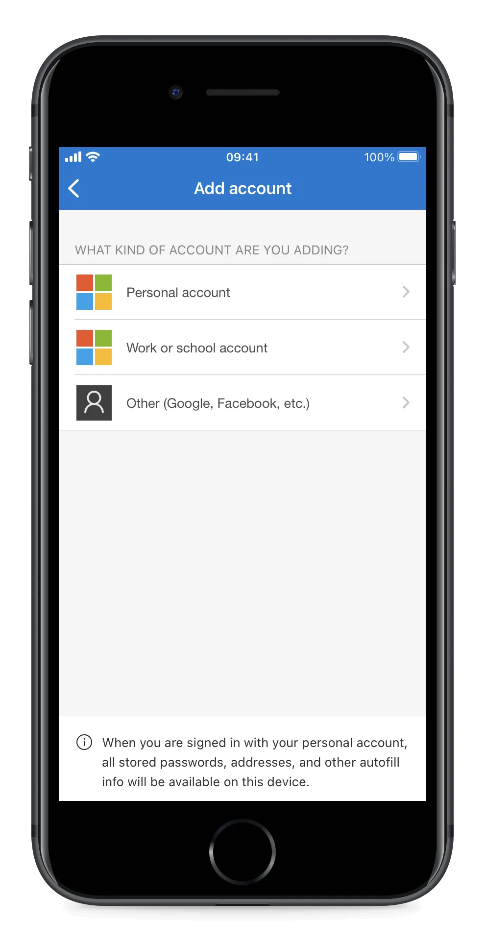 The Authenticator app asking what kind of account to add, listing Personal, Work or school, and Other