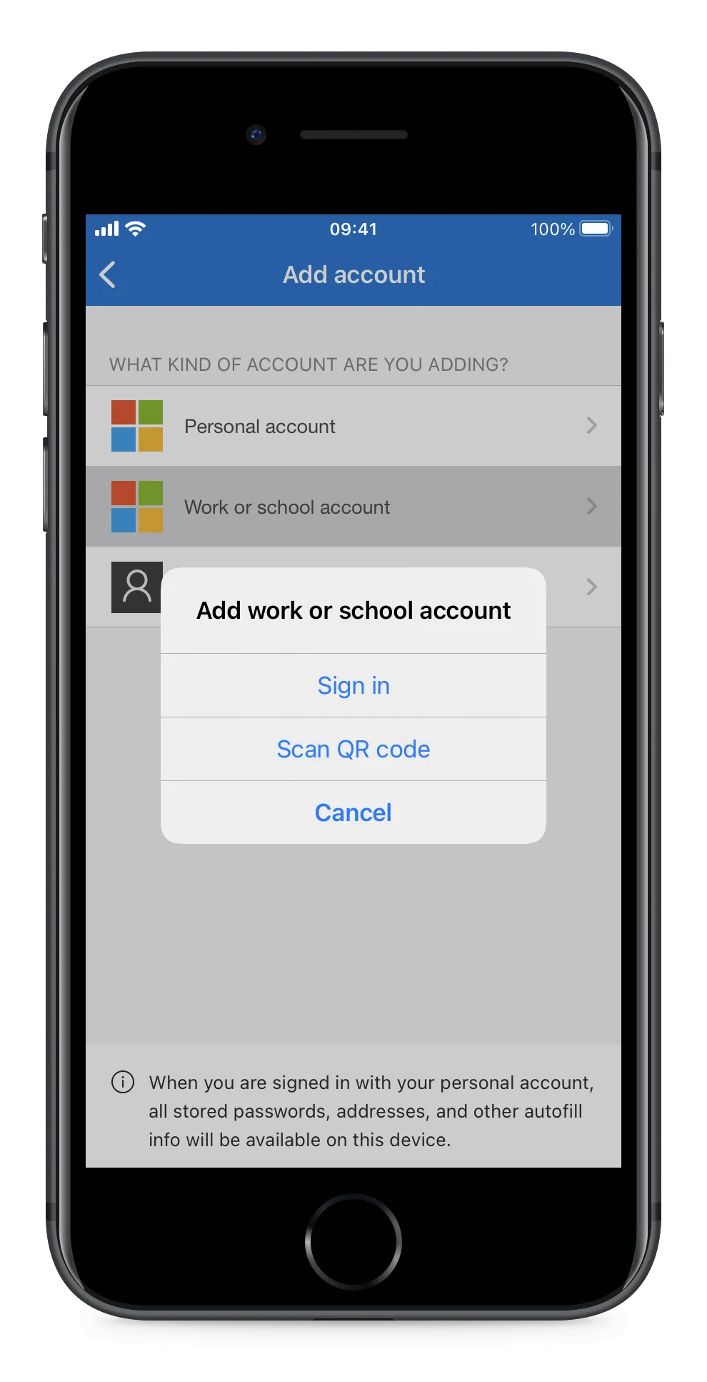 The Authenticator app offering to scan a QR code or sign in