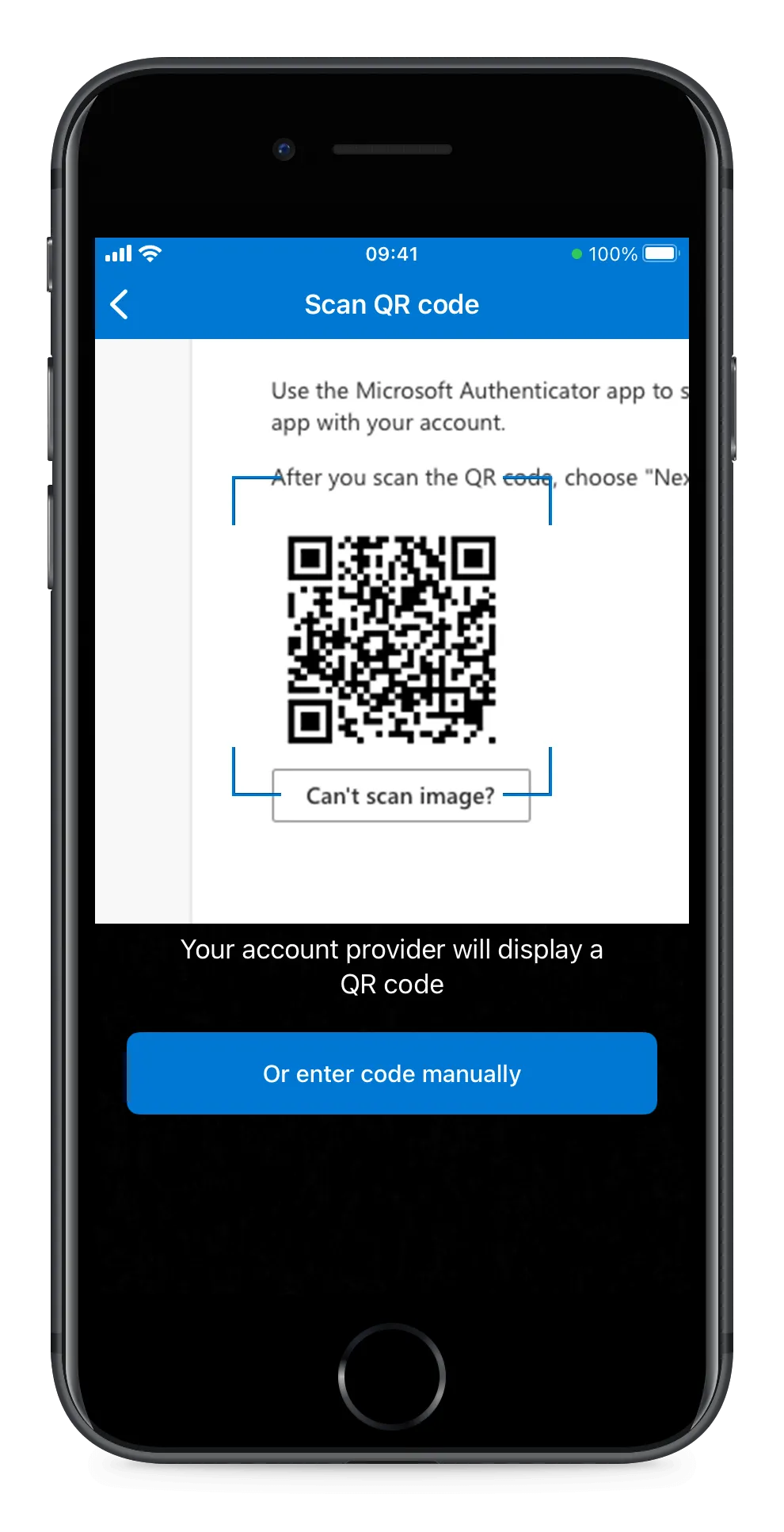 The Authenticator app camera view ready to scan a QR code
