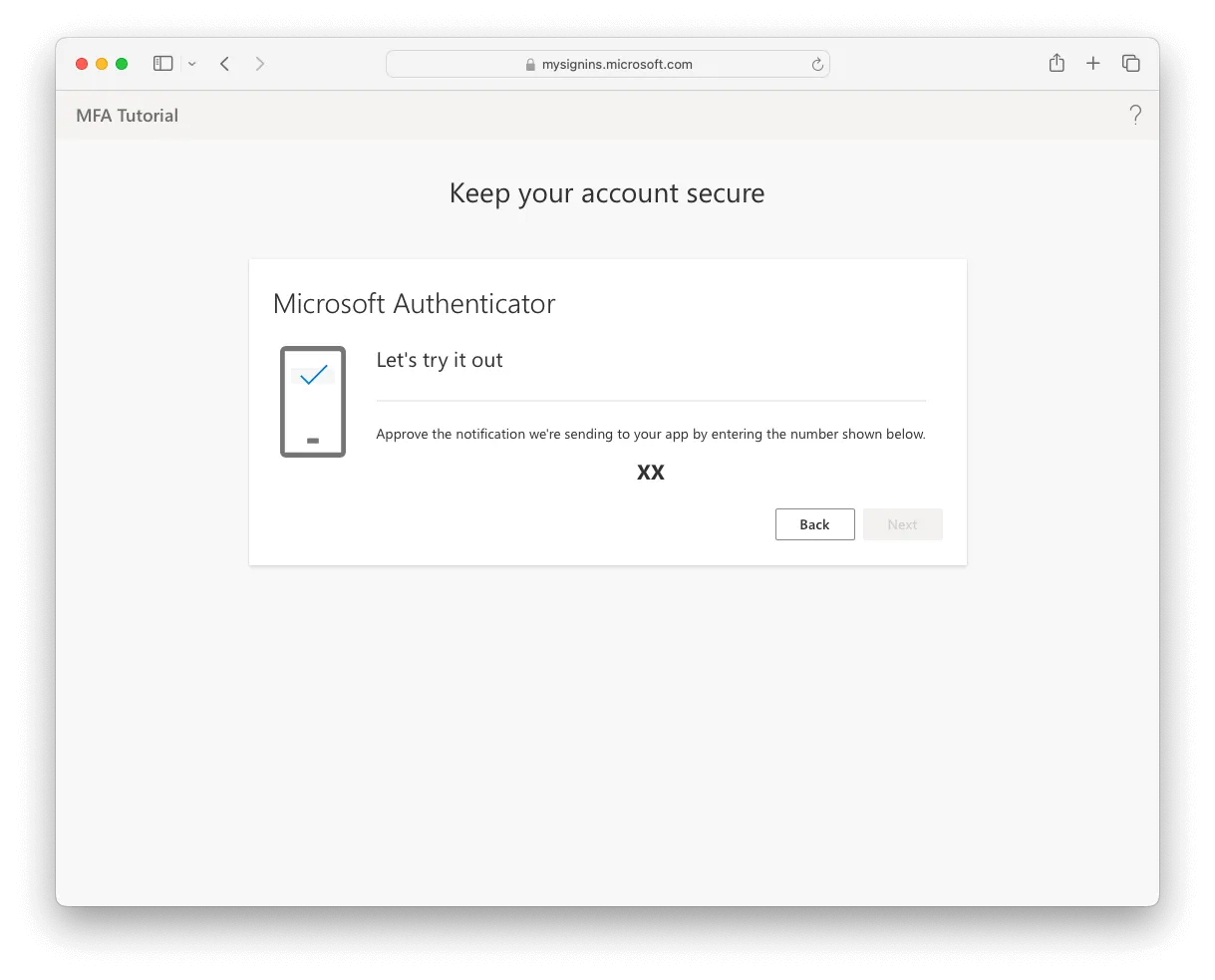The web page displaying a two-digit number to enter in the app