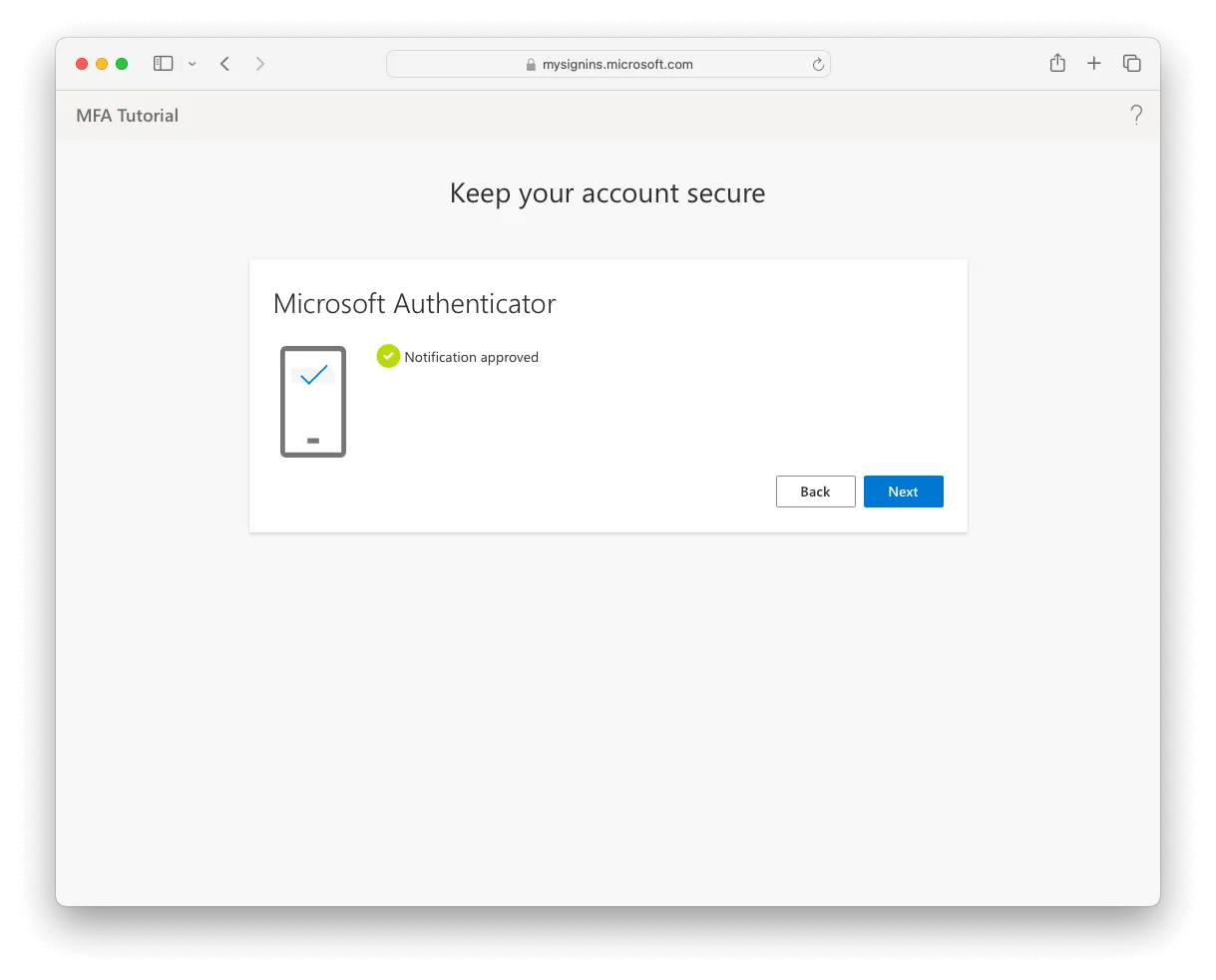The web page confirming the notification was approved