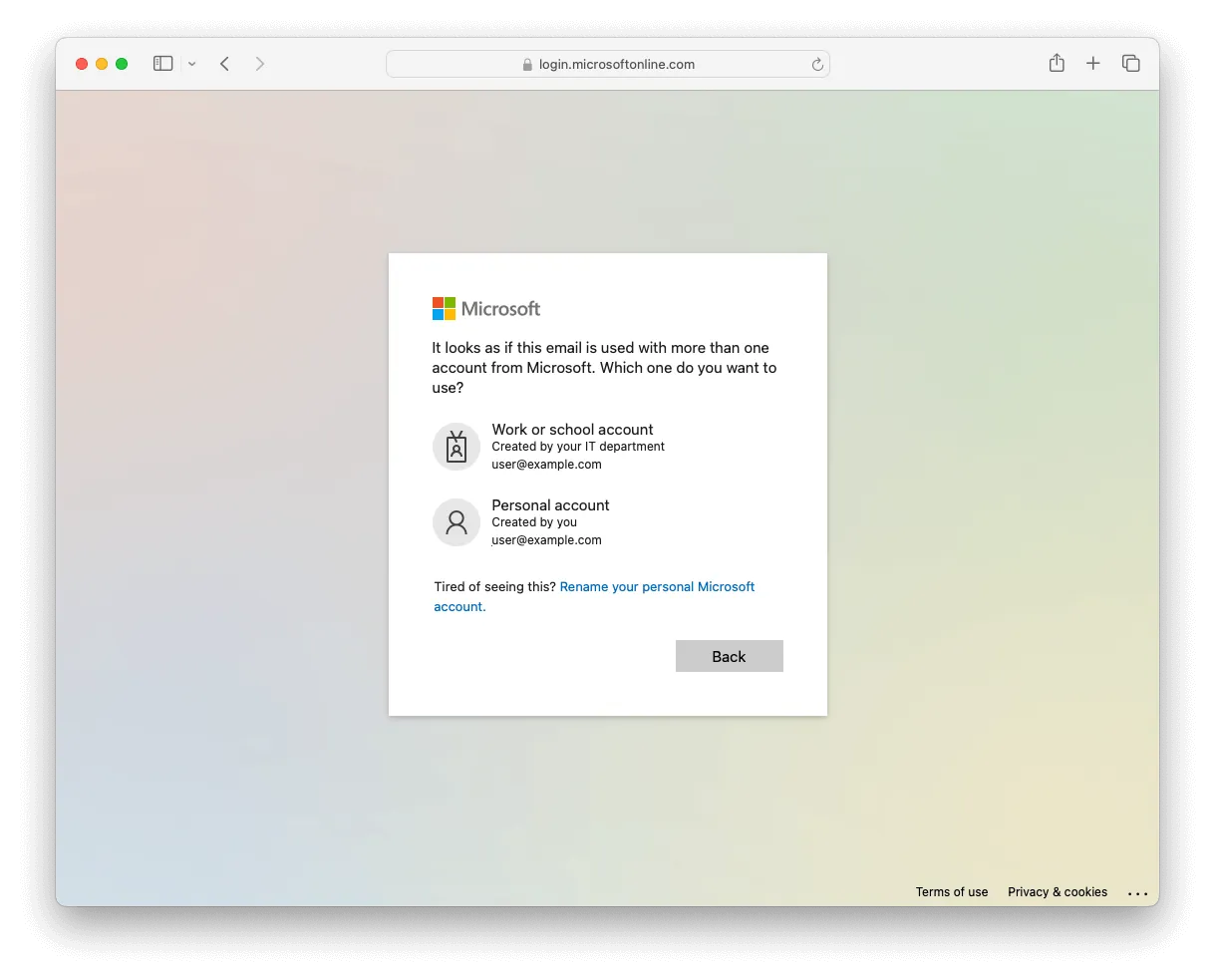 Microsoft asking whether this is a personal account or a work or school account
