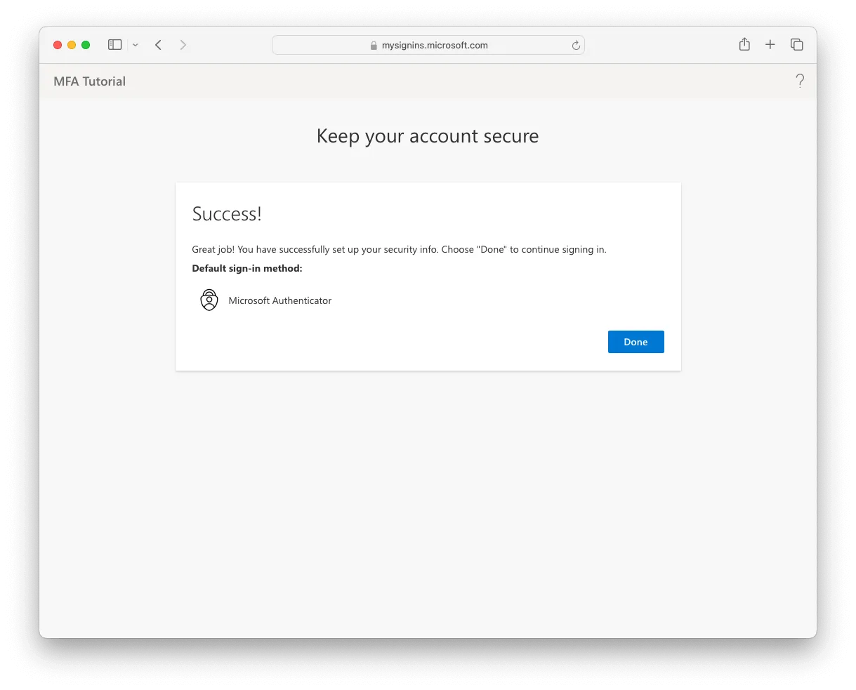The web page confirming multi-factor authentication has been set up successfully
