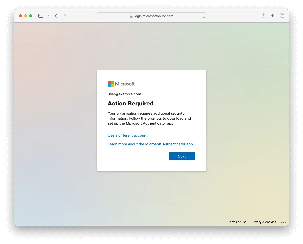 Microsoft prompting that more information is required to keep the account secure
