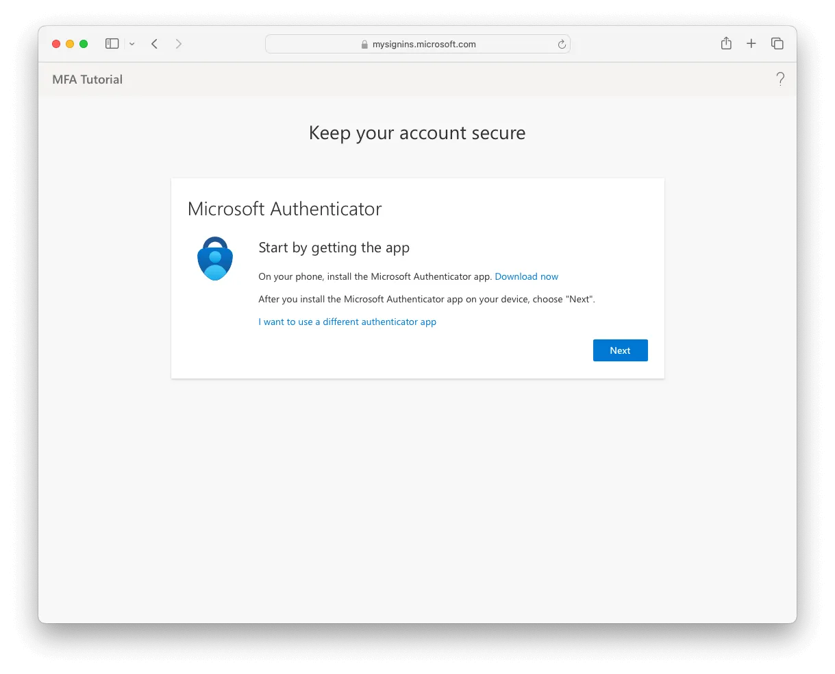 The Keep your account secure page asking you to install the Microsoft Authenticator app