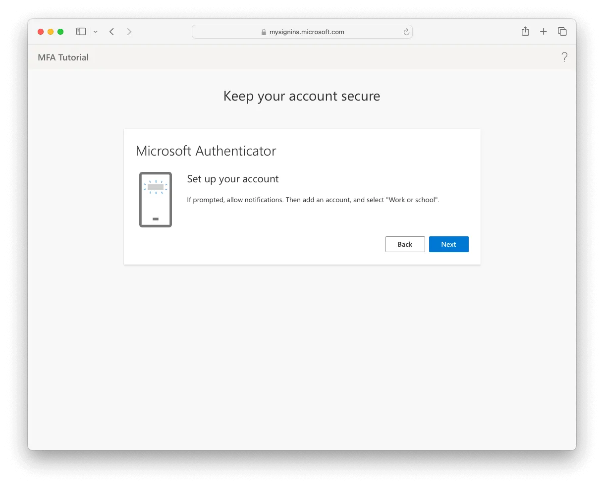 Microsoft Authenticator setup asking you to add a work or school account