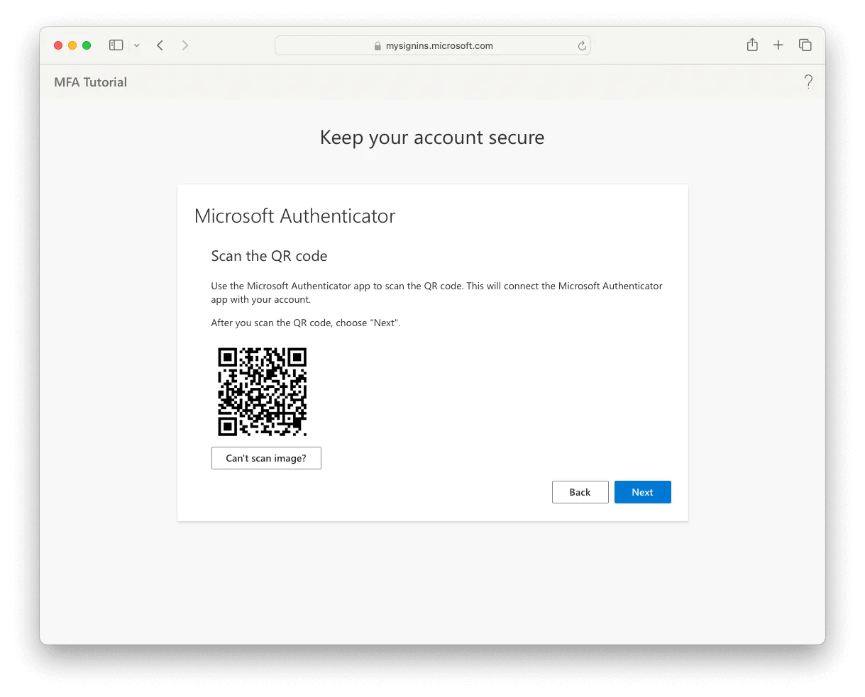 The Keep your account secure page displaying a QR code to scan
