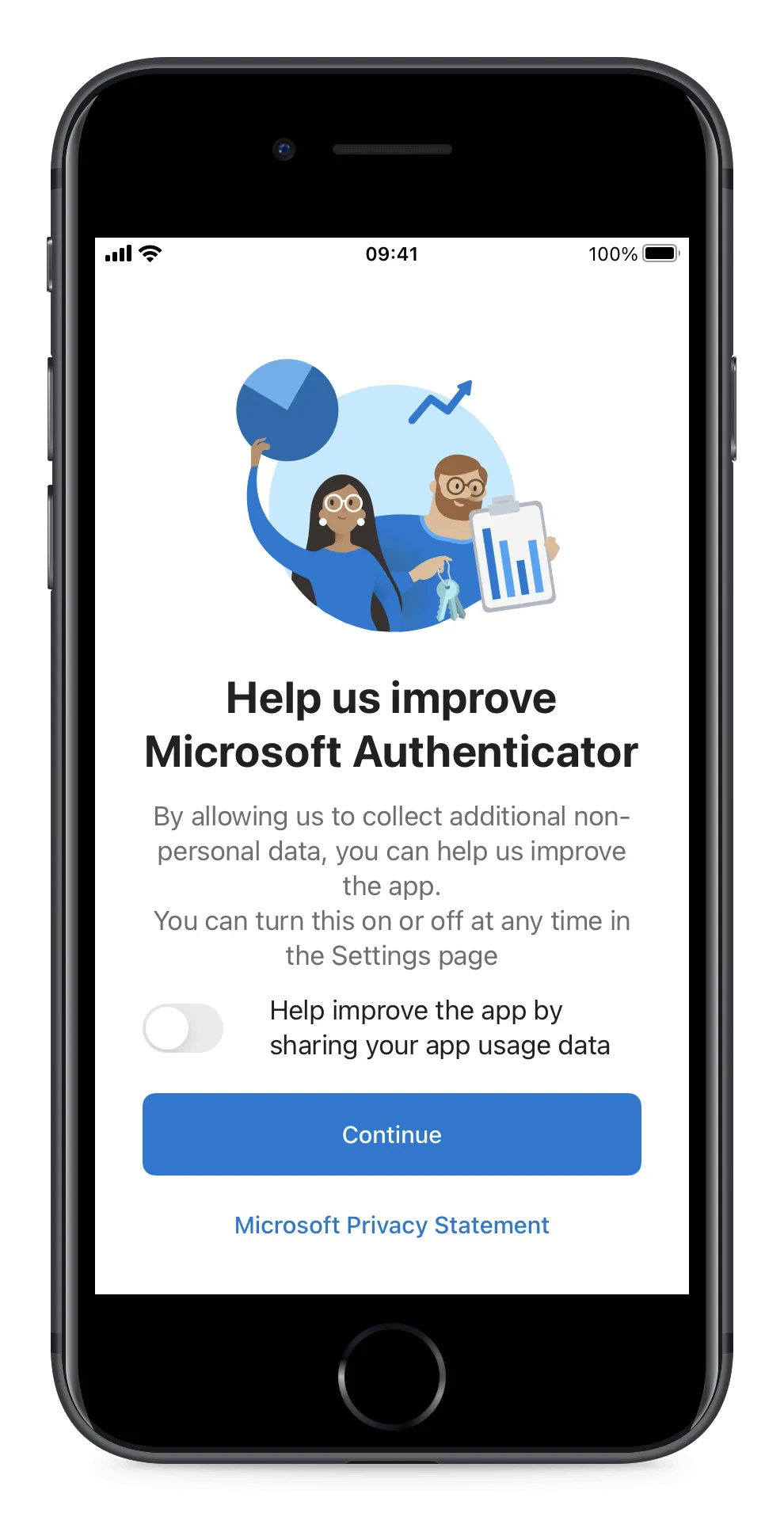 The Microsoft Authenticator welcome screen with a Continue button