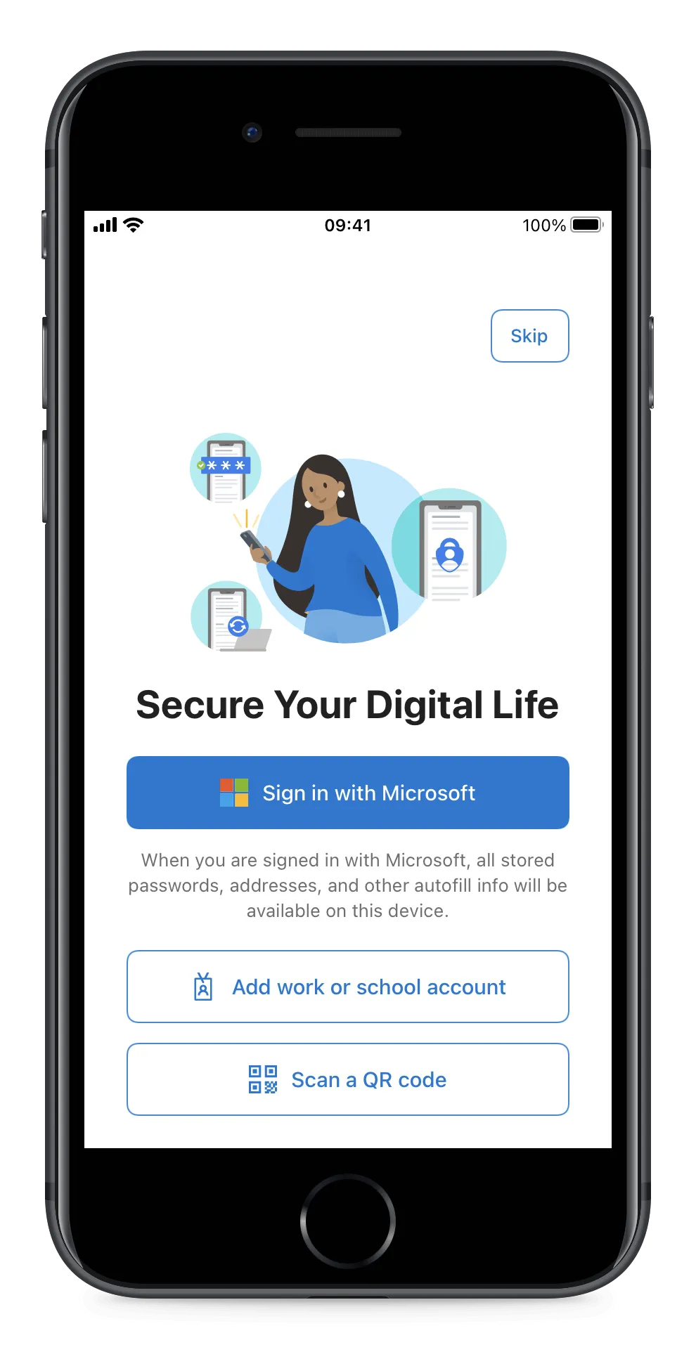 The Microsoft Authenticator sign-in screen with a Skip option